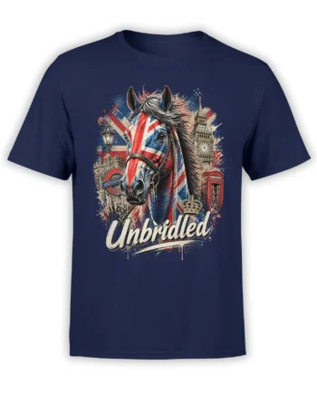 Detailed crowned black horse graphic with British city landmarks and “Unbridled” text on a navy T-shirt