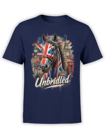 Detailed crowned black horse graphic with British city landmarks and “Unbridled” text on a navy T-shirt