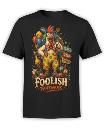 Colorful clown rooster circus graphic with balloons, props, and Polish Feathers lettering on a black T-shirt