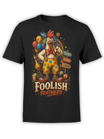 Colorful clown rooster circus graphic with balloons, props, and Polish Feathers lettering on a black T-shirt