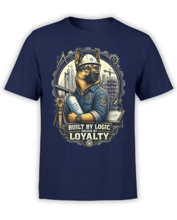 Navy German shepherd engineer T-shirt with hard hat, construction tools, city skyline, and Built by Logic banner