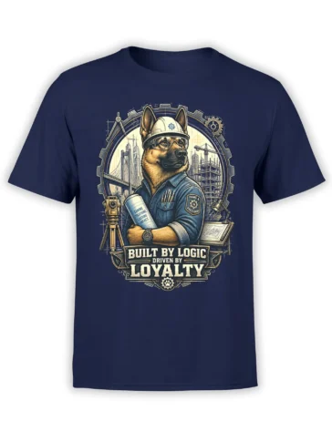 Navy German shepherd engineer T-shirt with hard hat, construction tools, city skyline, and Built by Logic banner