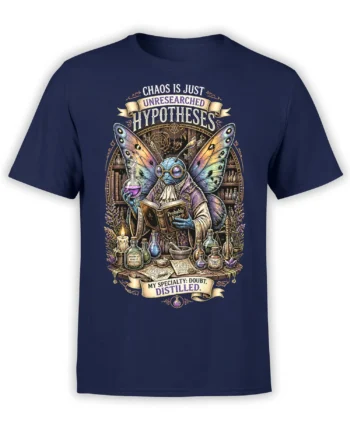 Scholarly butterfly alchemist science design with flasks and vintage laboratory details on a navy T-shirt