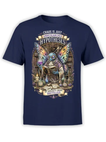 Scholarly butterfly alchemist science design with flasks and vintage laboratory details on a navy T-shirt