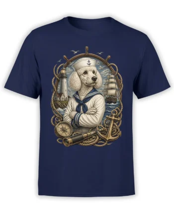 Vintage nautical poodle sailor graphic with lighthouse, ship, anchor, and compass on a navy T-shirt