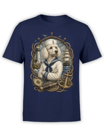 Vintage nautical poodle sailor graphic with lighthouse, ship, anchor, and compass on a navy T-shirt