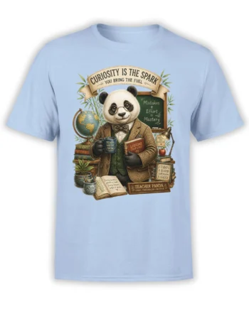 Vintage panda teacher graphic with books, globe, coffee, and classroom messages on a light blue T-shirt