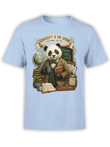 Vintage panda teacher graphic with books, globe, coffee, and classroom messages on a light blue T-shirt