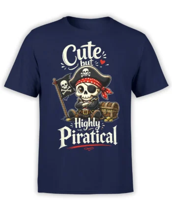 Navy pirate T-shirt with a skeleton wearing an eyepatch beside a treasure chest and the words Cute but Highly Piratical