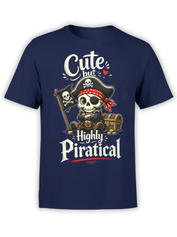 Navy pirate T-shirt with a skeleton wearing an eyepatch beside a treasure chest and the words Cute but Highly Piratical