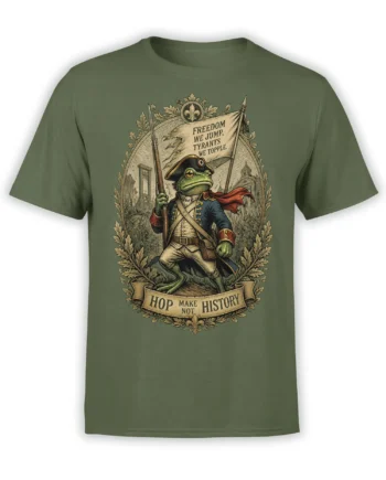 Revolutionary frog in a military uniform holding a rifle on a green graphic T-shirt