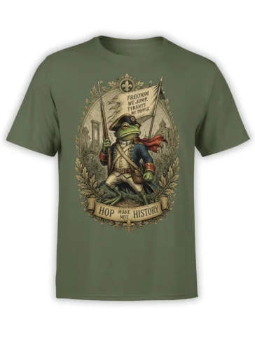 Revolutionary frog in a military uniform holding a rifle on a green graphic T-shirt