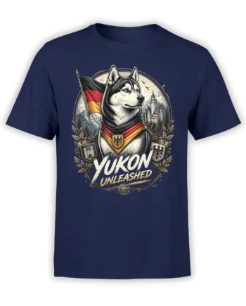 Front view of navy husky T-shirt with mountain castle crest, tricolor flag, and “YUKON UNLEASHED” text
