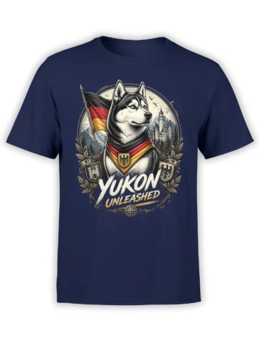 Front view of navy husky T-shirt with mountain castle crest, tricolor flag, and “YUKON UNLEASHED” text