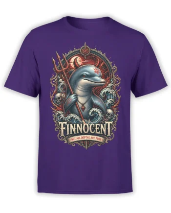 Purple dolphin graphic tee with a horned sea devil, trident, skulls, waves, and FINNOCENT text