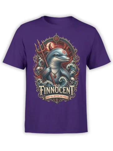Purple dolphin graphic tee with a horned sea devil, trident, skulls, waves, and FINNOCENT text