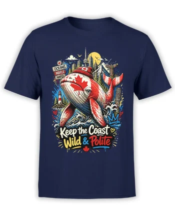 Navy whale graphic T-shirt with maple leaves, lighthouse, waves, and Keep the Coast Wild & Polite lettering