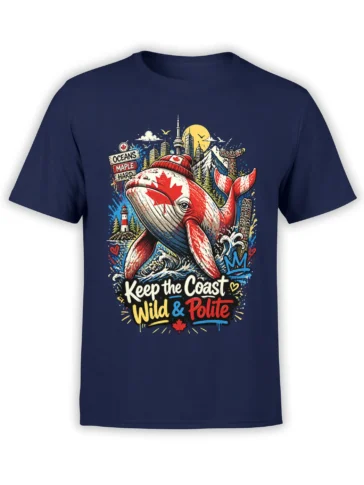 Navy whale graphic T-shirt with maple leaves, lighthouse, waves, and Keep the Coast Wild & Polite lettering