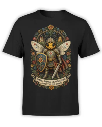 Armored golden bee knight T-shirt in black with flowers, castle, beehive, shield, and sword