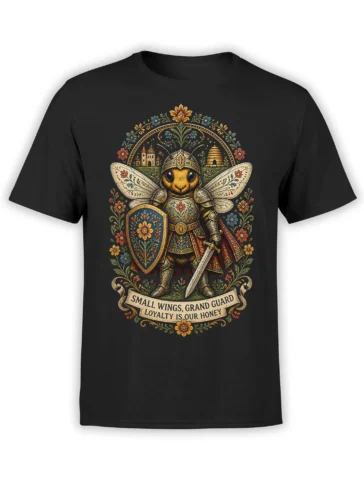 Armored golden bee knight T-shirt in black with flowers, castle, beehive, shield, and sword