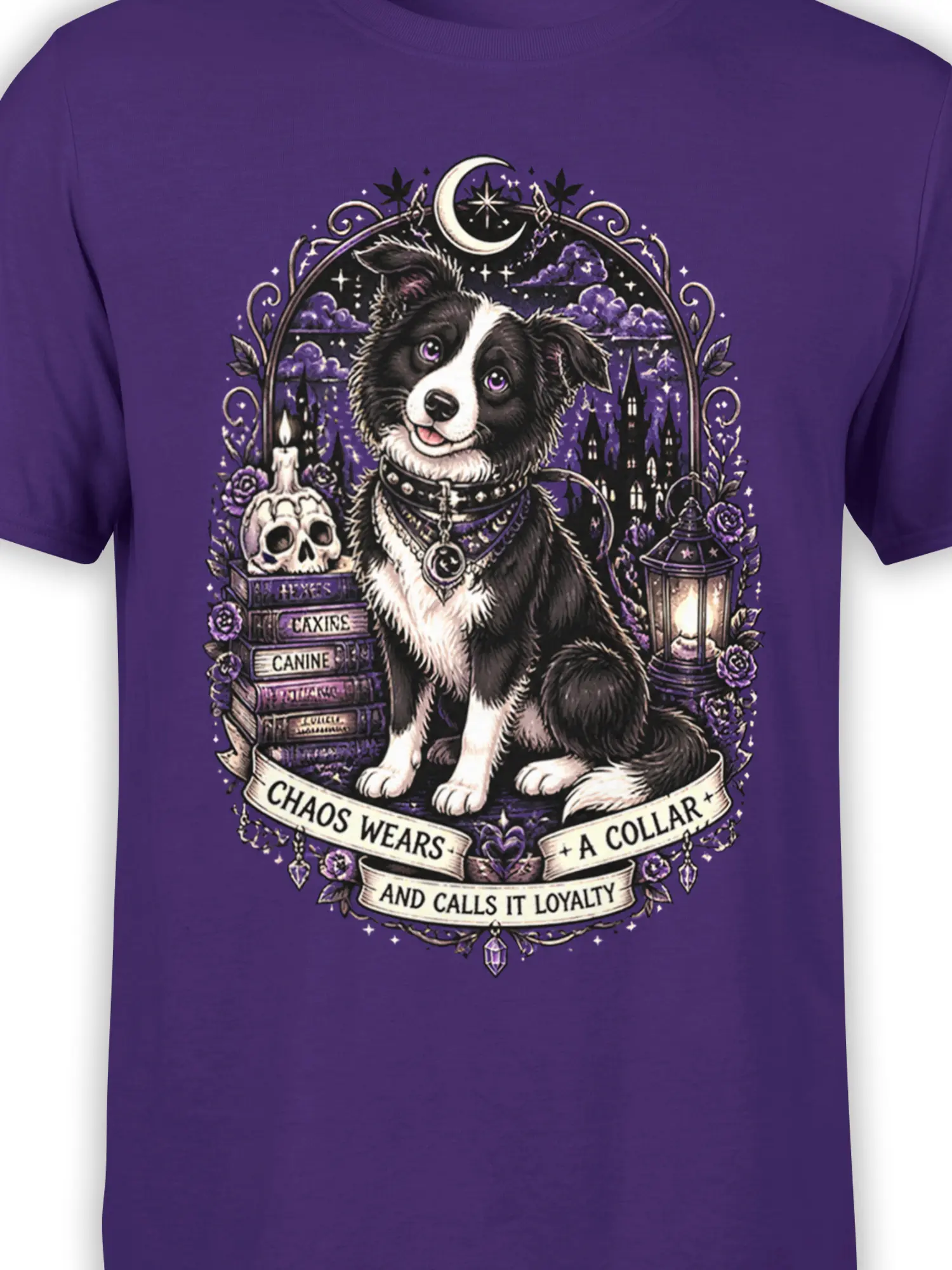 Close-up of the black-and-white dog and gothic moonlit artwork printed on a purple dog graphic tee