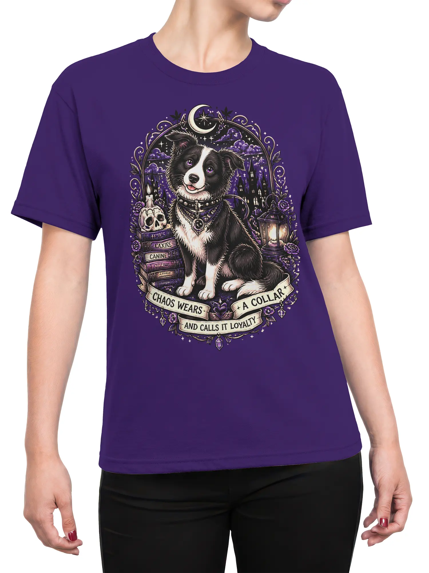 Female torso wearing a purple dog shirt with a black-and-white dog, skull, books, roses, and moonlit castle