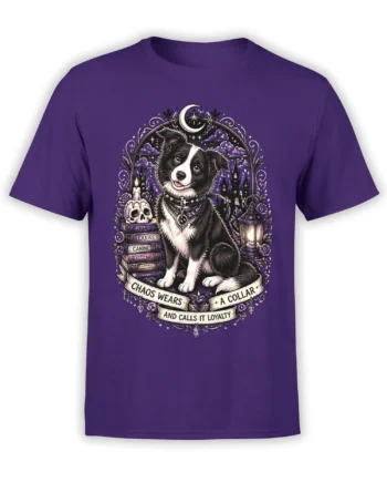 Purple dog t-shirt featuring a black-and-white dog, crescent moon, skull, books, roses, and gothic castle