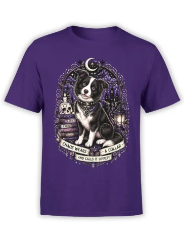 Purple dog t-shirt featuring a black-and-white dog, crescent moon, skull, books, roses, and gothic castle