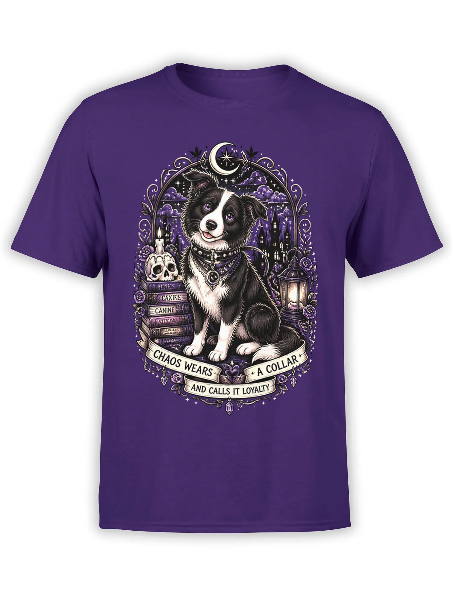 Purple dog t-shirt featuring a black-and-white dog, crescent moon, skull, books, roses, and gothic castle