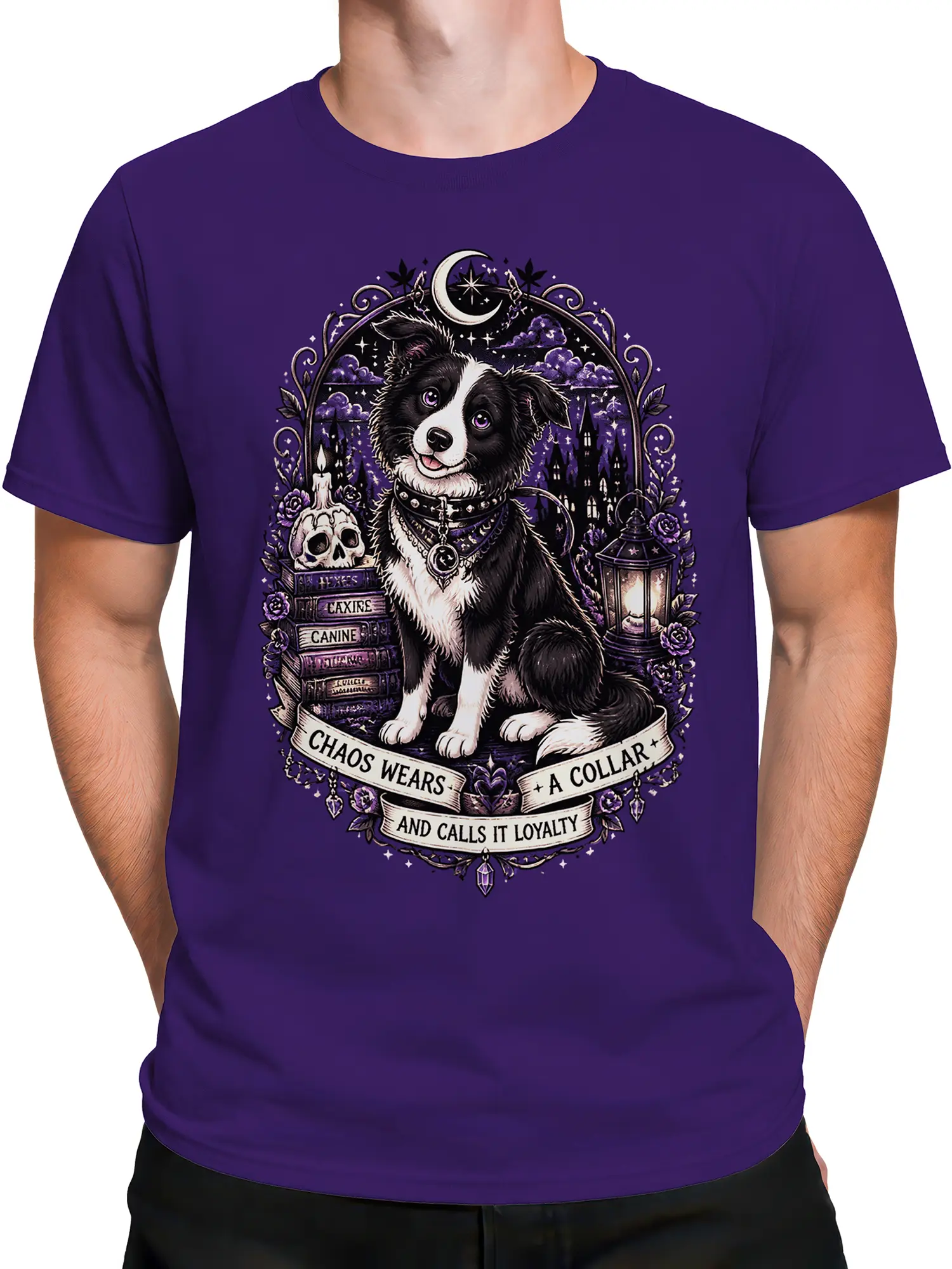 Male torso wearing a purple gothic dog t-shirt with a moon, castle, skull, books, and loyalty banner