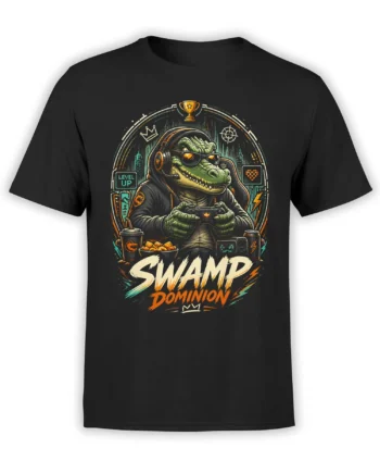 Black crocodile gamer T-shirt with headphones, controller, neon graphics, and SWAMP DOMINION text