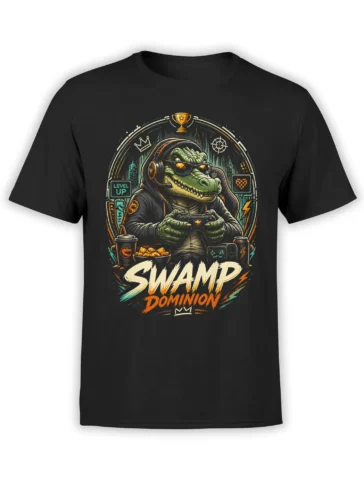 Black crocodile gamer T-shirt with headphones, controller, neon graphics, and SWAMP DOMINION text