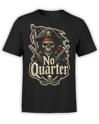 Black pirate T-shirt featuring a grinning skull in a pirate hat with crossed pistols, swords, and bold No Quarter text