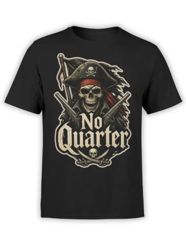 Black pirate T-shirt featuring a grinning skull in a pirate hat with crossed pistols, swords, and bold No Quarter text