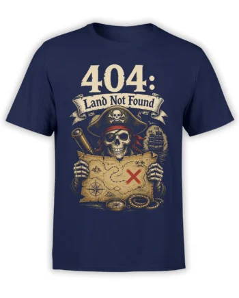 Vintage pirate skeleton holding a treasure map with “404: Land Not Found” print on a navy T-shirt