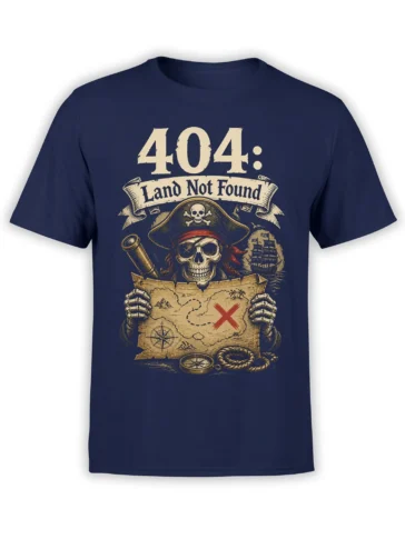 Vintage pirate skeleton holding a treasure map with “404: Land Not Found” print on a navy T-shirt
