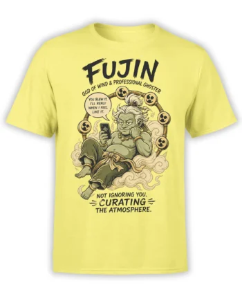Yellow Fujin wind god T-shirt with clouds, phone, wind symbols, and professional ghoster text