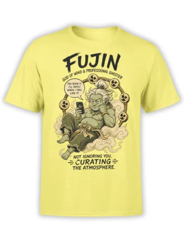 Yellow Fujin wind god T-shirt with clouds, phone, wind symbols, and professional ghoster text