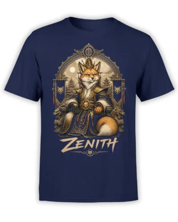 Regal fox king in blue and gold robes on a throne with dragons and Zenith text on a navy T-shirt