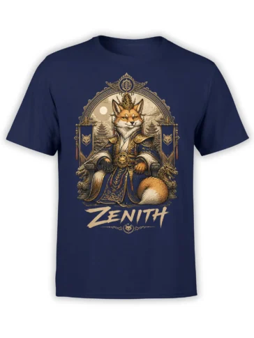 Regal fox king in blue and gold robes on a throne with dragons and Zenith text on a navy T-shirt