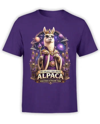 Purple alpaca graphic tee showing a crowned alpaca in royal robes among planets, stars, and flying saucers
