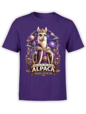 Purple alpaca graphic tee showing a crowned alpaca in royal robes among planets, stars, and flying saucers