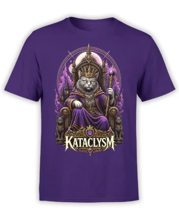 Purple T-shirt with a regal gray cat on a throne, crown, purple robes, scepter, and two black cat guards