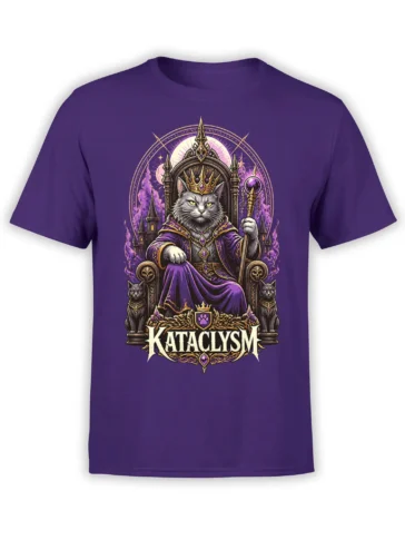 Purple T-shirt with a regal gray cat on a throne, crown, purple robes, scepter, and two black cat guards