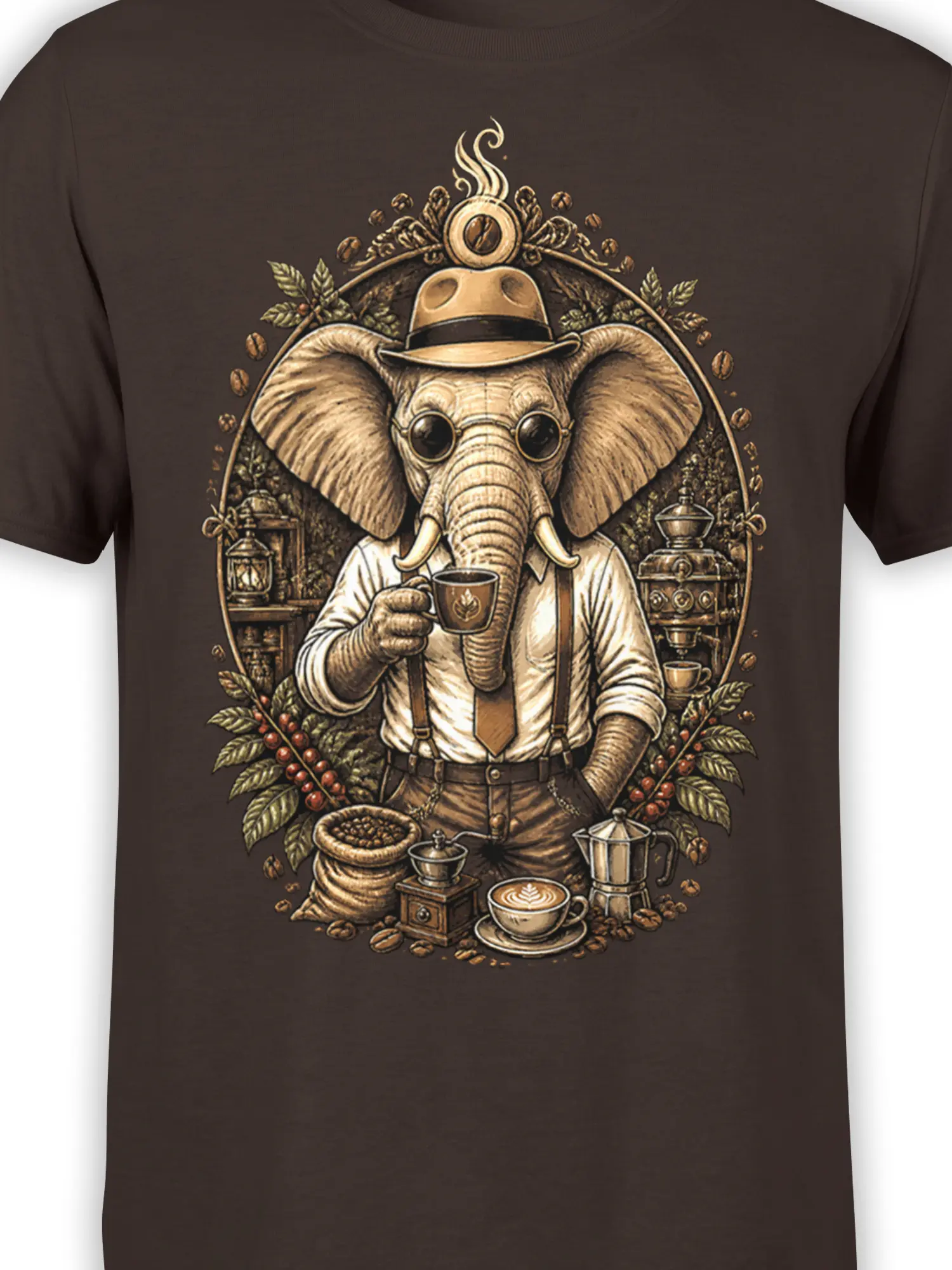 Close-up of the vintage elephant coffee graphic with hat, glasses, beans, and cups on brown fabric