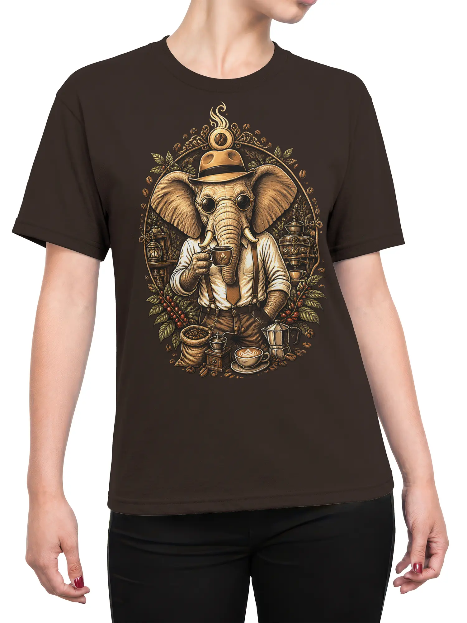 Female torso wearing a brown T-shirt with a vintage elephant coffee and espresso graphic
