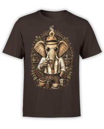 Vintage elephant coffee design with hat, glasses, espresso cups, and coffee beans on a brown T-shirt