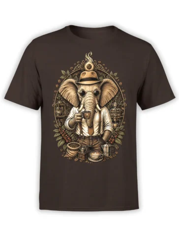 Vintage elephant coffee design with hat, glasses, espresso cups, and coffee beans on a brown T-shirt