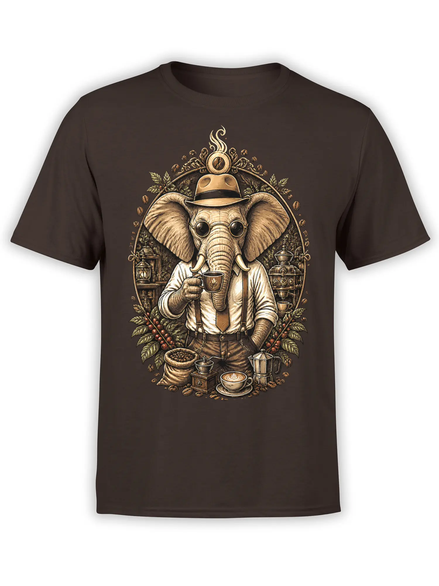 Vintage elephant coffee design with hat, glasses, espresso cups, and coffee beans on a brown T-shirt