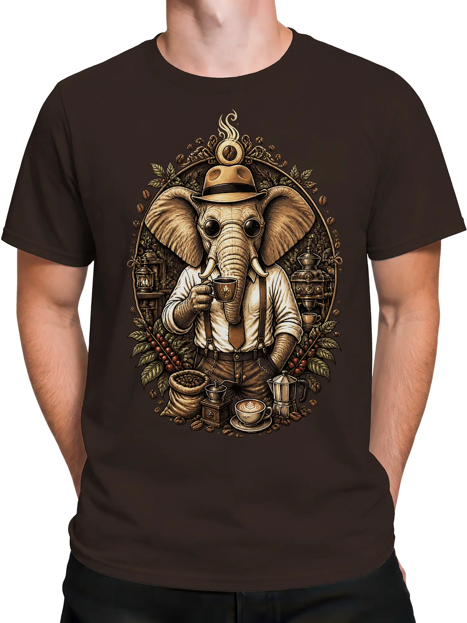 Male torso wearing a brown T-shirt with a vintage elephant, coffee beans, and brewing tools